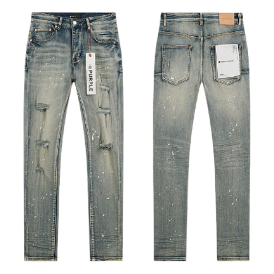 Light Blue Washed Slim Denim Jeans with Paint Splatter and Multi-Layer Distressing
